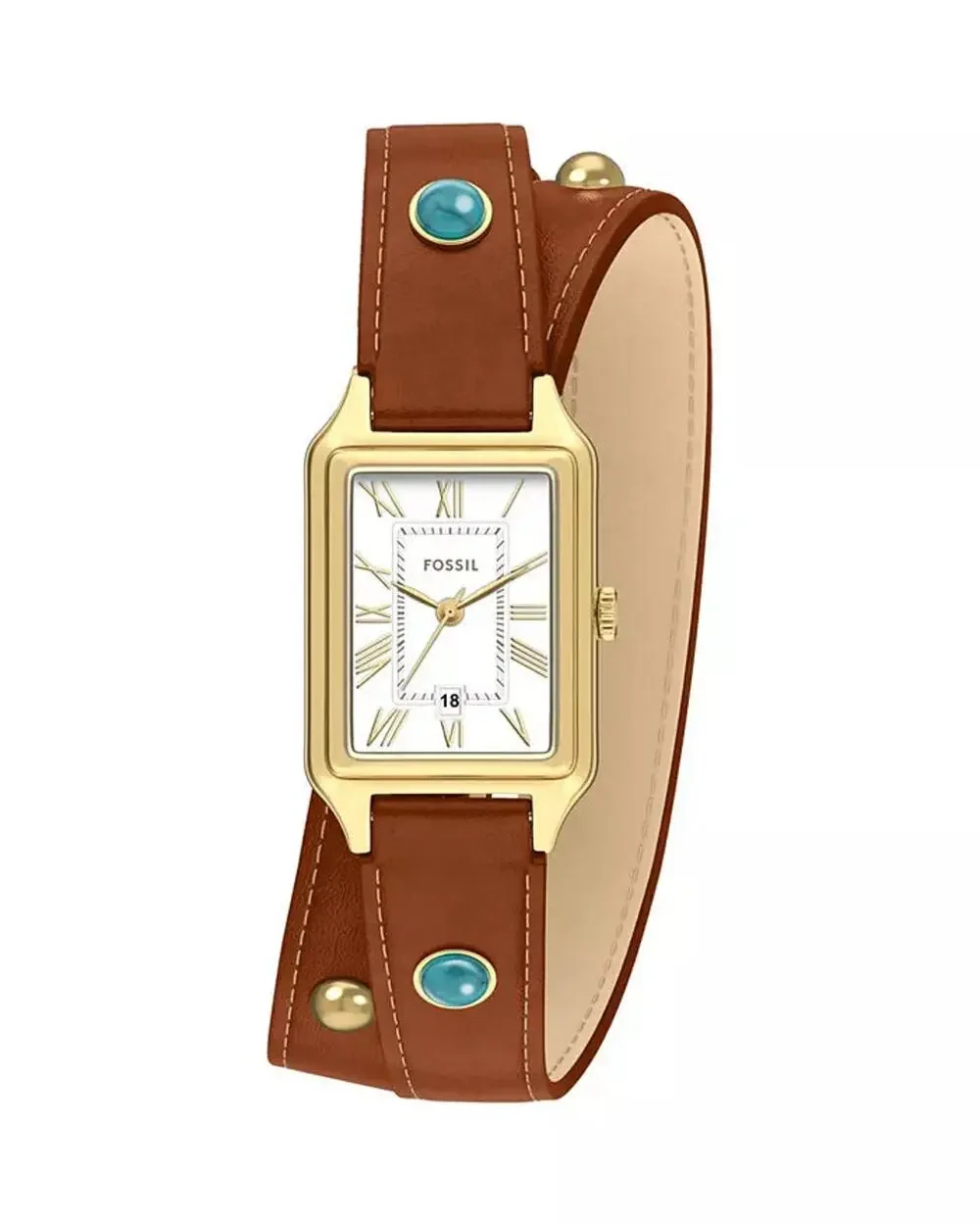 Fossil Women Watch Rectangular Gold-Tone Double Wrap Leather Turquoise Gold